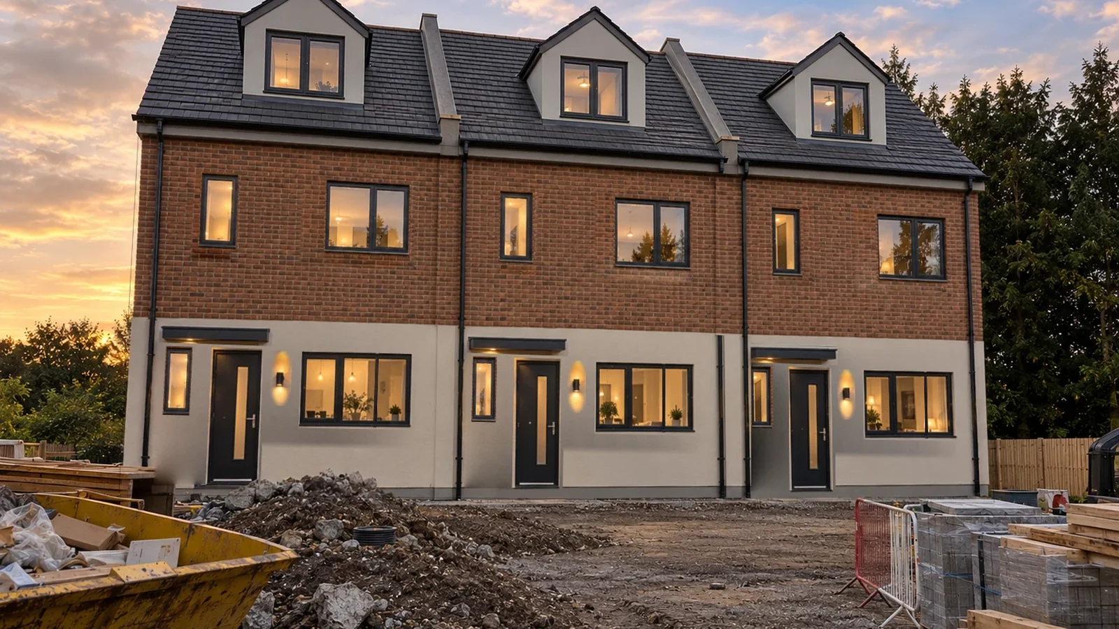 Rendered dusk view of three new three-storey townhouses in red brick over rendered ground floors, with dormer windows, dark grey roofs and lit windows, the site still under construction in front