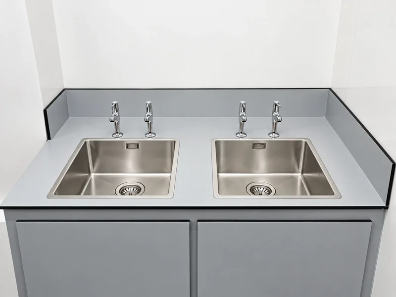 Double stainless steel sink set into a new grey vanity unit