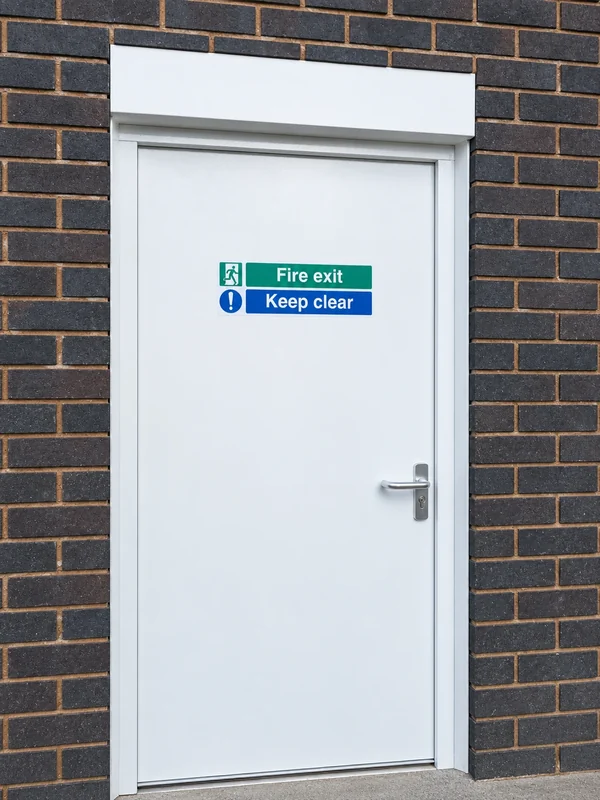 New white external fire exit door in a brick wall