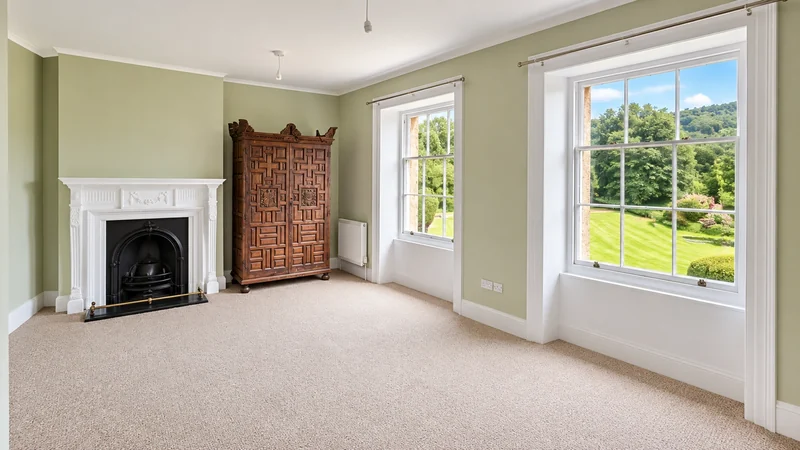 Refurbished drawing room in a country house with a marble fireplace, sash windows and new carpet