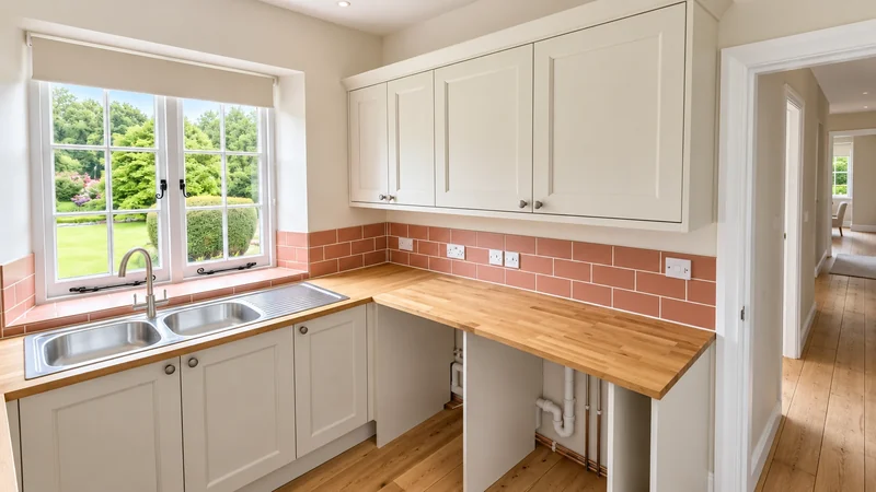 Kitchen with cream shaker units, pink tiled splashback and a garden view