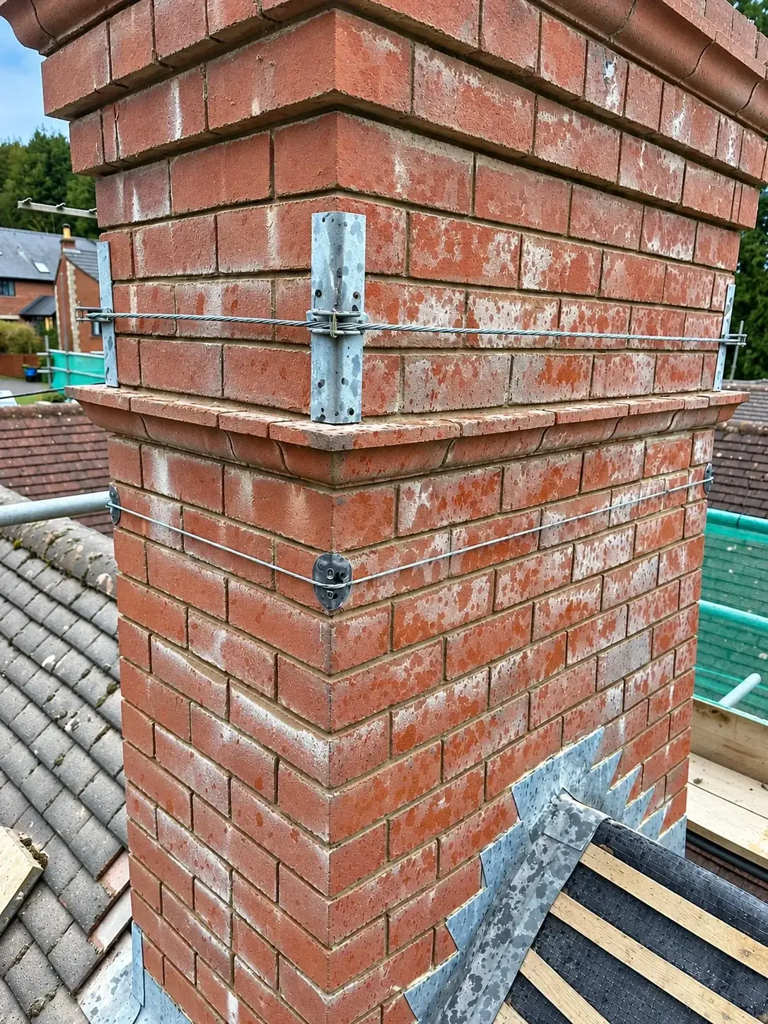 Rebuilt brick chimney stack with new lead flashings on a school roof