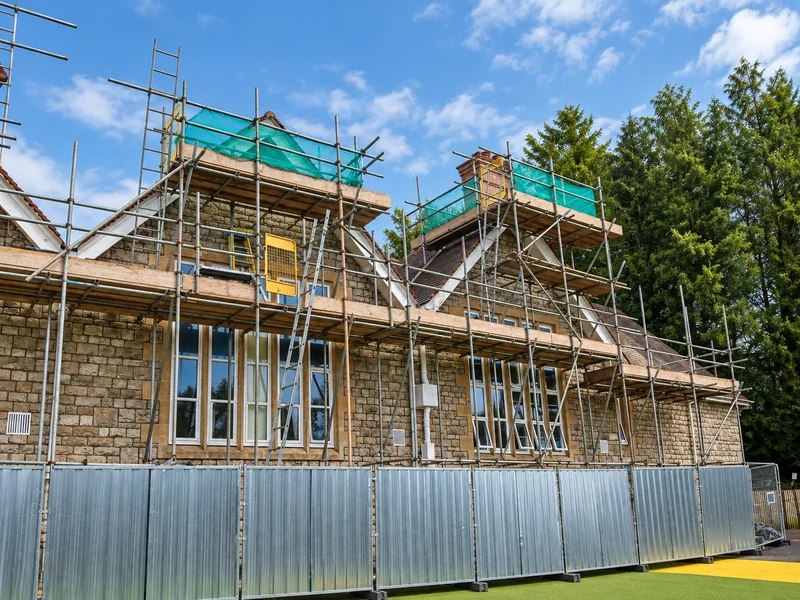 Victorian stone school building under scaffold during roof repairs